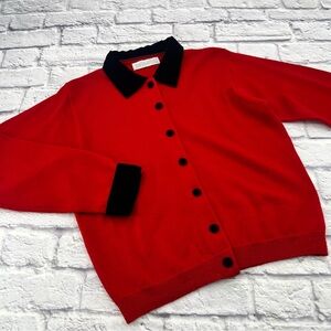 Valerie Stevens Medium Black and Red Merino Wool Cardigan Sweater Velvet Trim